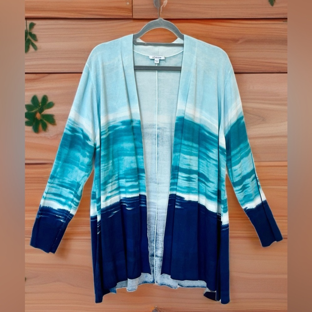 Chico's Open Front Ombre Cardigan in Teal, Aqua & Navy